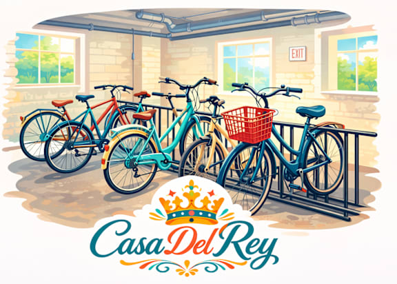 Three bicycles are parked in a garage with the sign  at Casa Del Rey Apartments, Oregon, 97209
