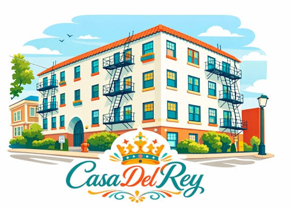 A colorful illustration of a building with the name  at Casa Del Rey Apartments, Oregon, 97209