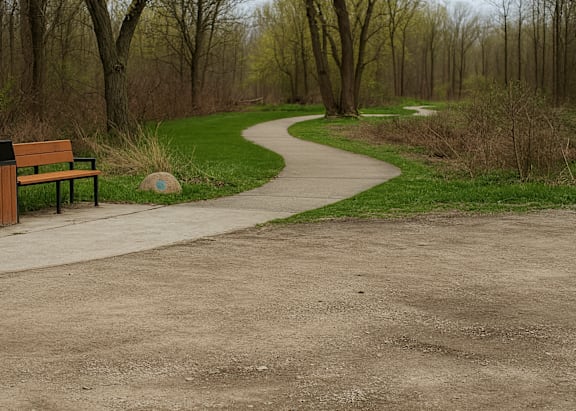 A park with a dirt path and a bench.