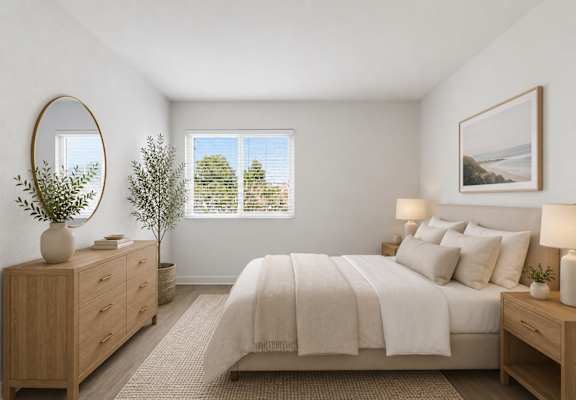 A bedroom with a large bed, a dresser, and a window with blinds.