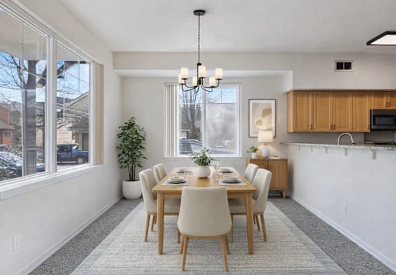 A dining room with a table set for six.