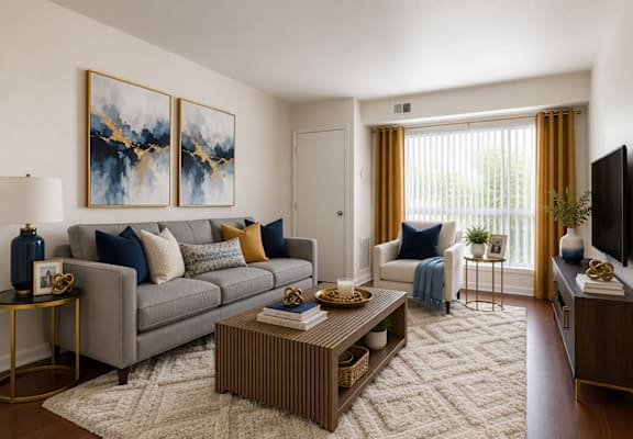 A living room with a grey couch, a coffee table, and two paintings on the wall.
