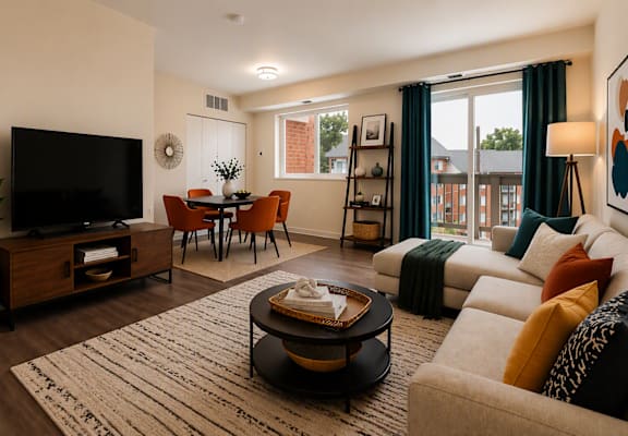 A living room with a flat screen TV, a coffee table, and a sofa.