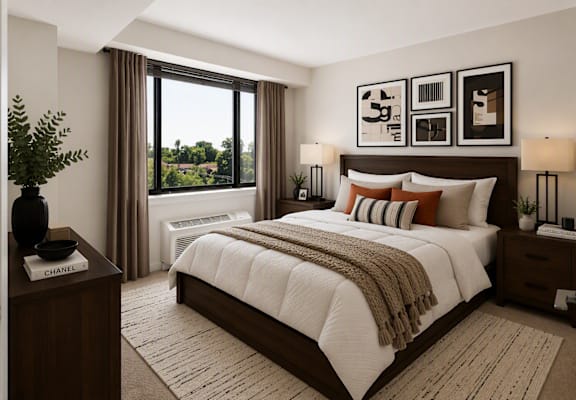 A well-lit bedroom with a large bed and a view of the outdoors through the window.