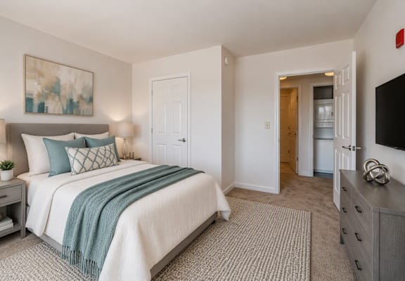 A bedroom with a bed, nightstand, and a painting on the wall.