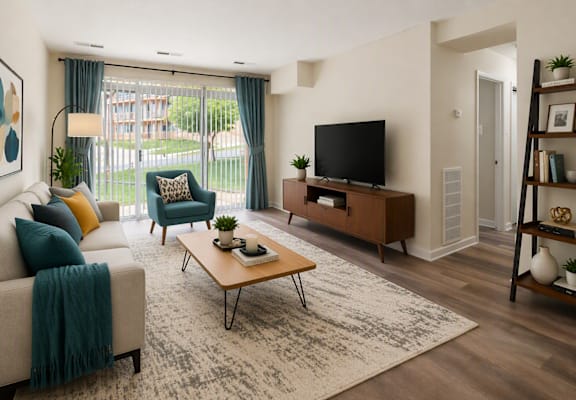 A living room with a couch, a coffee table, a television, and a window with a view of a garden.