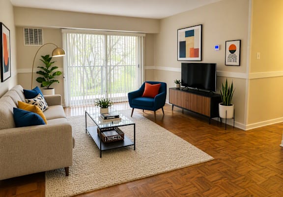 A living room with a couch, chair, and television.