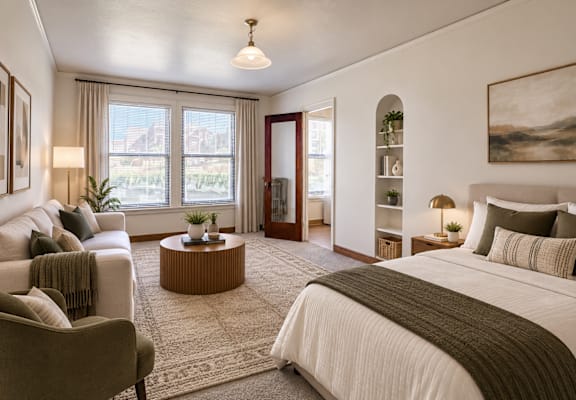 A well-lit bedroom with a large bed and a comfortable chair.