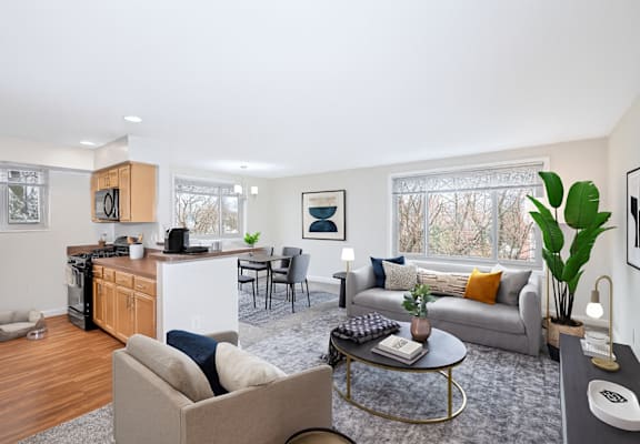 A modern living room with a grey couch, a coffee table, and a kitchen area in the background.