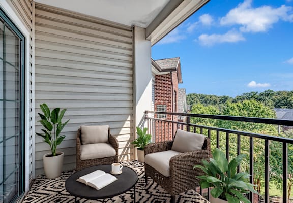 A balcony with a table, two chairs, and a potted plant.