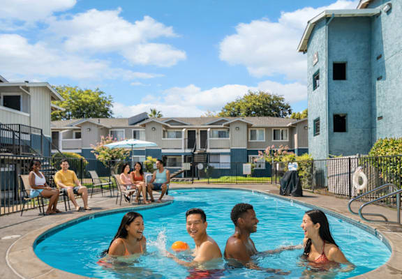 People are enjoying a sunny day in a swimming pool.