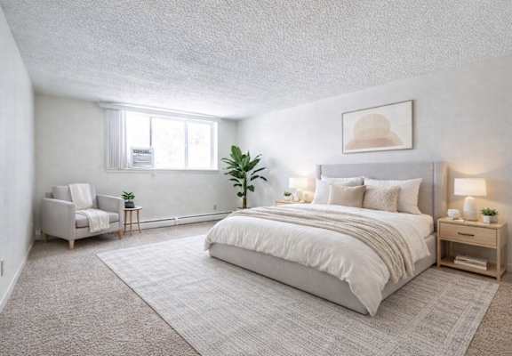 A bedroom with a large bed, a chair, and a plant.