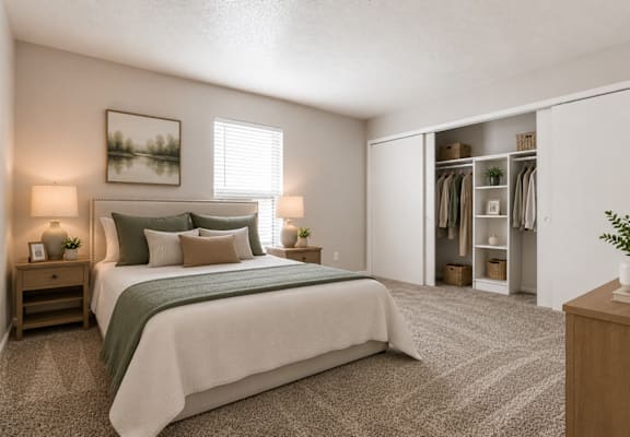 A bedroom with a large bed and a painting on the wall.