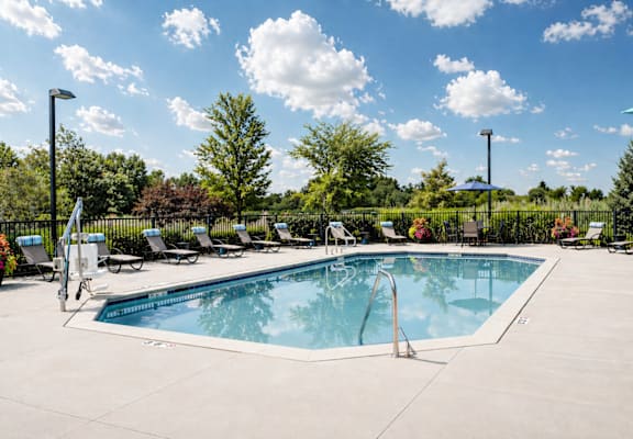 A large outdoor swimming pool surrounded by lounge chairs and trees.