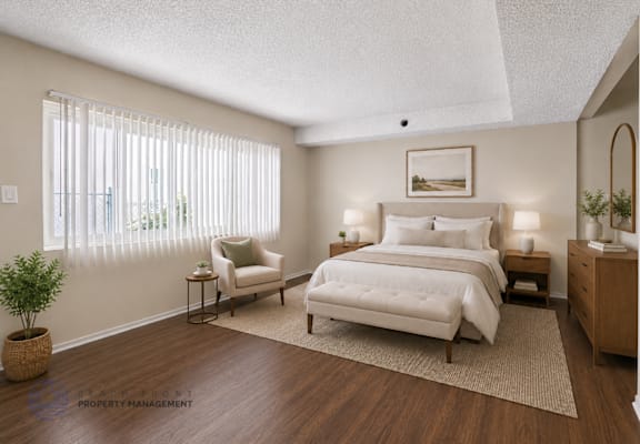 A well-lit bedroom with a large bed and a chair.