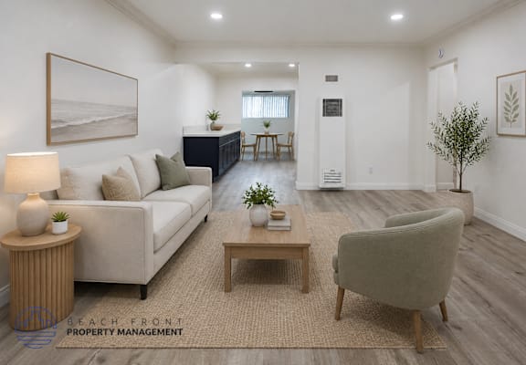 A living room with a white couch, a wooden coffee table, and a lamp on a side table.