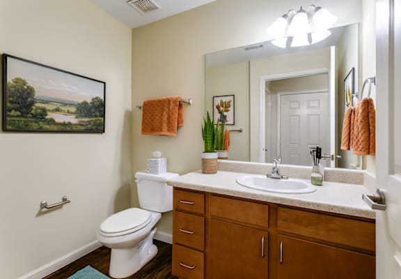 A bathroom with a toilet, sink, and a painting on the wall.