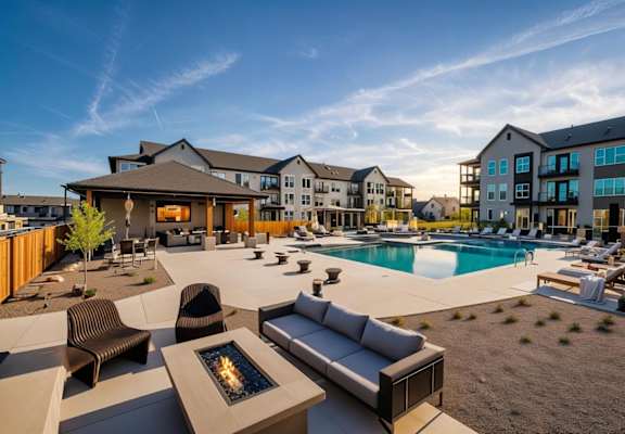 A modern outdoor seating area with a fire pit in the middle of a poolside patio.