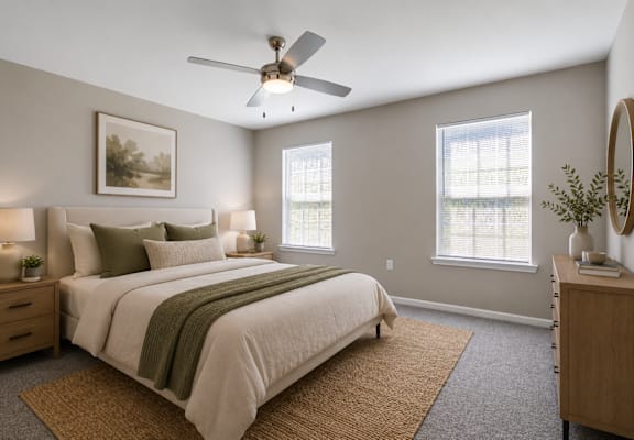 Spacious primary bedroom at Lancaster Place Apartments in Calera, Alabama featuring large windows, neutral finishes, and abundant natural light.
