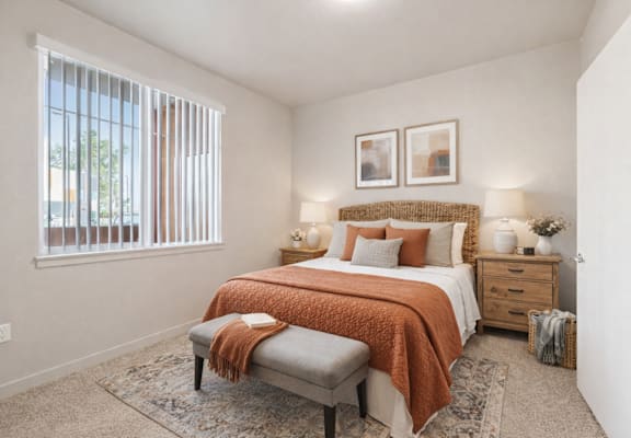 A bedroom with a bed, nightstand, and window. at The Orion Senior Apartments - Orange, CA Apartments, California, 92866
