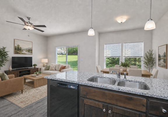 Crystal III A modern kitchen with a black dishwasher and a granite countertop.