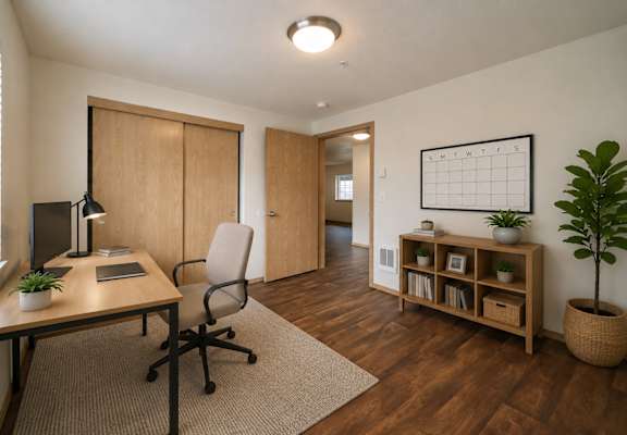 A modern office with a desk, chair, and a plant.