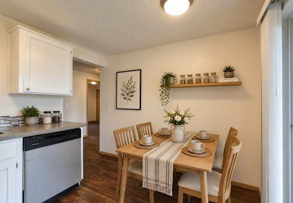 A kitchen with a dining table set for four.