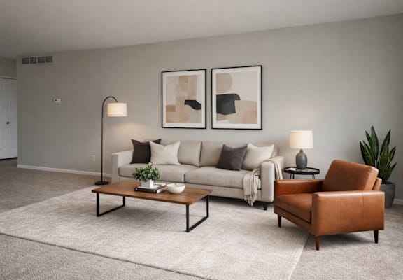 A living room with a white couch, a brown leather chair, and two framed artworks on the wall.