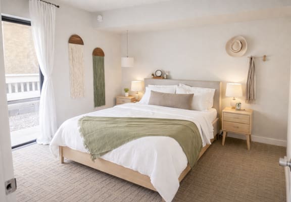 A bedroom with a large bed and a window with curtains.