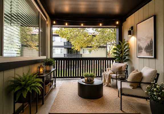 A balcony with a table, chairs, and plants.