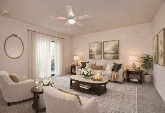 A living room with a ceiling fan, a sofa, a chair, a coffee table, and a potted plant.