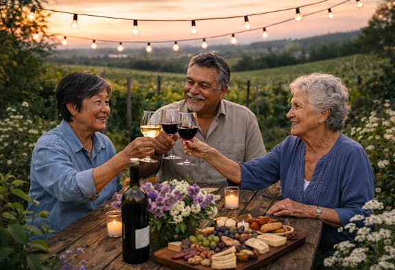 Three people toasting wine glasses at Lodi Commons Senior Living, Lodi, CA