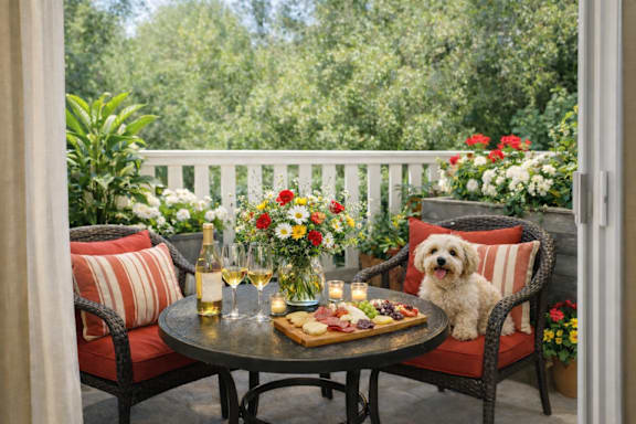 A dog sits on a chair on a patio with a tray of food and glasses of wine.