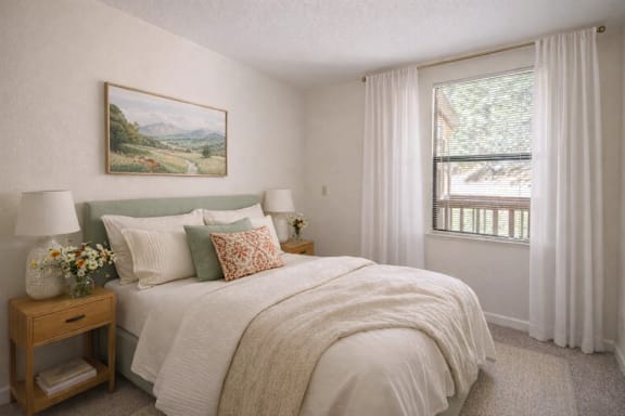 A bedroom with a large bed and a painting on the wall.