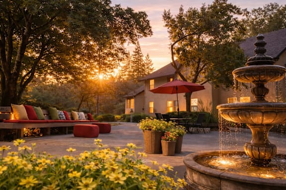A fountain in the middle of a garden with a bench and a house in the background.