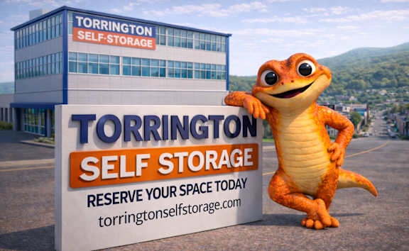 A cartoon alligator stands next to a Torrington Self Storage sign.