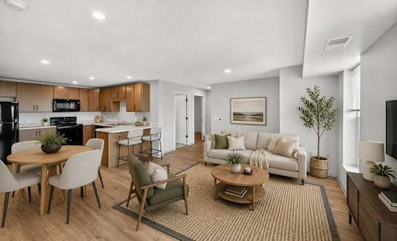 A modern living room with a dining table and chairs.