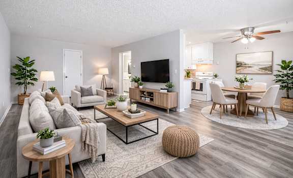 A well-lit living room with a grey sofa, a wooden coffee table, and a television.