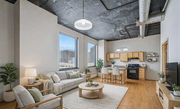 A modern living room with a grey sofa, wooden chairs, and a large window overlooking the city.