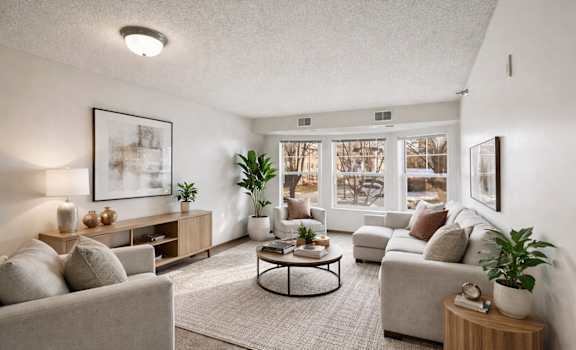 A living room with a grey couch, a coffee table, and a large window.