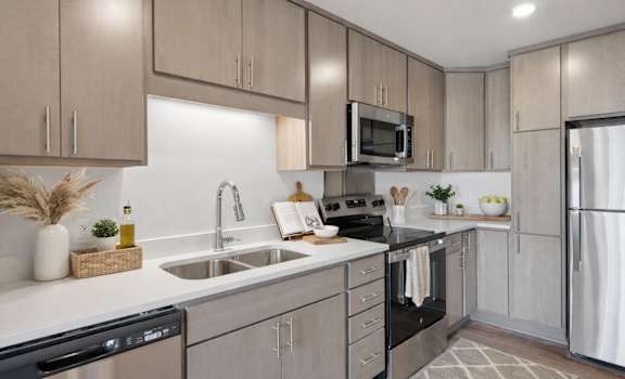 A modern kitchen with a black dishwasher and stove top.