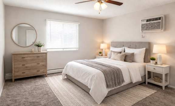A bedroom with a bed, nightstand, and a ceiling fan.