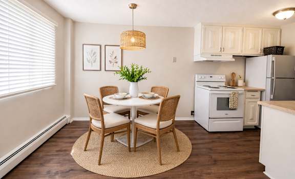 A dining room with a table set for two and a kitchen area with white appliances.