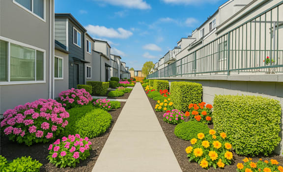 A row of houses with a sidewalk and flower beds in front.