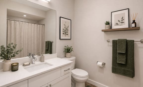 A bathroom with a white toilet, sink, and a mirror.