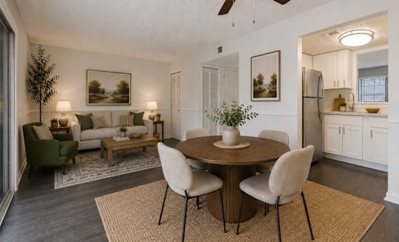 A dining room with a table set for four.