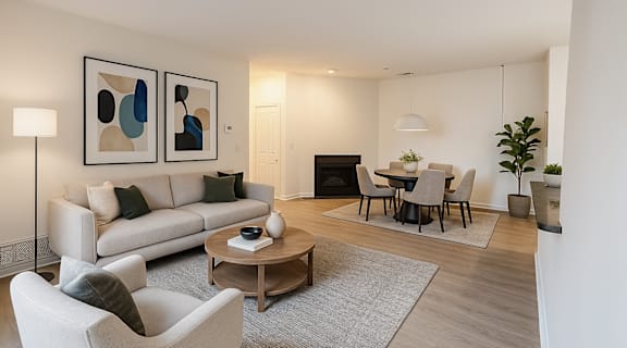 A living room with a white couch, a grey rug, a wooden coffee table, and a fireplace.