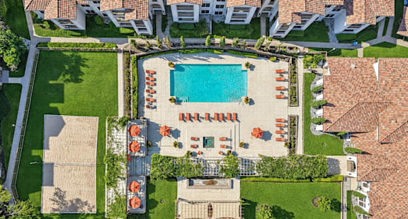 A large swimming pool surrounded by orange sun loungers.