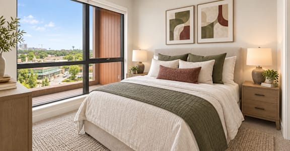 A bedroom with a large bed and a view of the city.