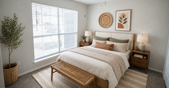A bedroom with a large bed, a ceiling fan, and a window with blinds.